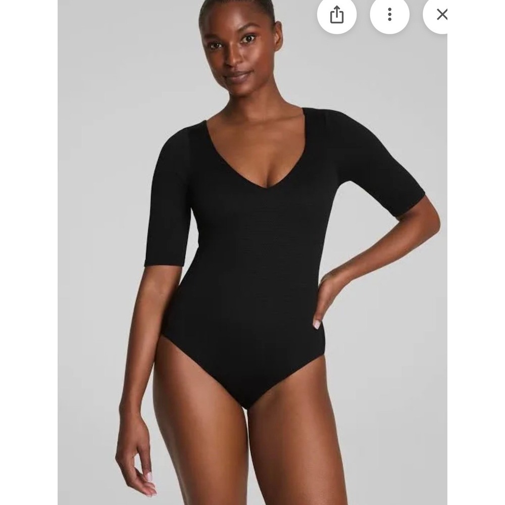 Spanx Pique Shaping One Piece Swimsuit Black Short Sleeve 50386R 2X - Picture 6 of 9
